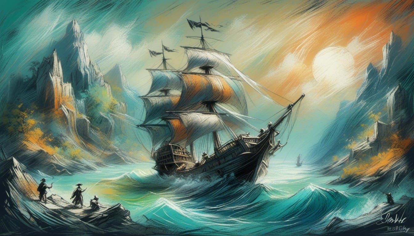 Pirate Ship Chalk Art in Bold Colors