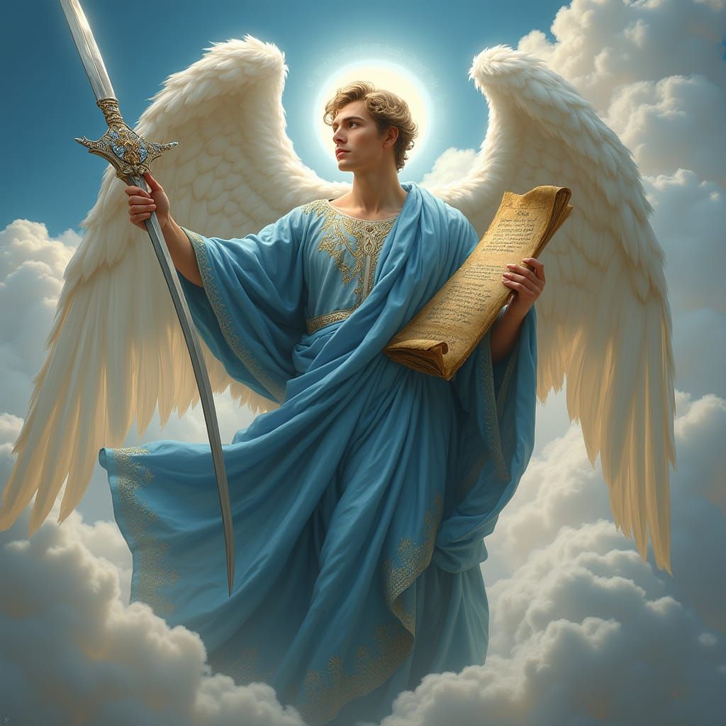 Majestic Archangel in Ethereal Blue Robe with Golden Accents