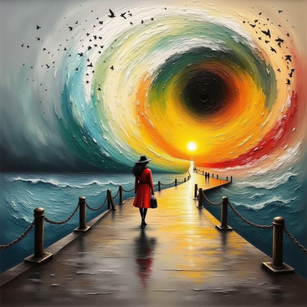 Figure in Red Coat Walks Towards Colorful Vortex on Wet Pier