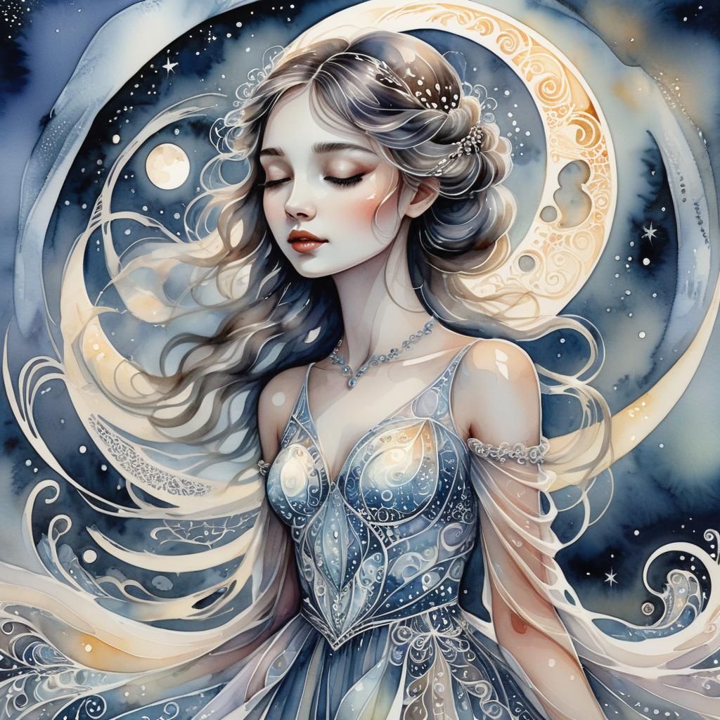 Girl in Moonlight: Whimsical Watercolour Portrait