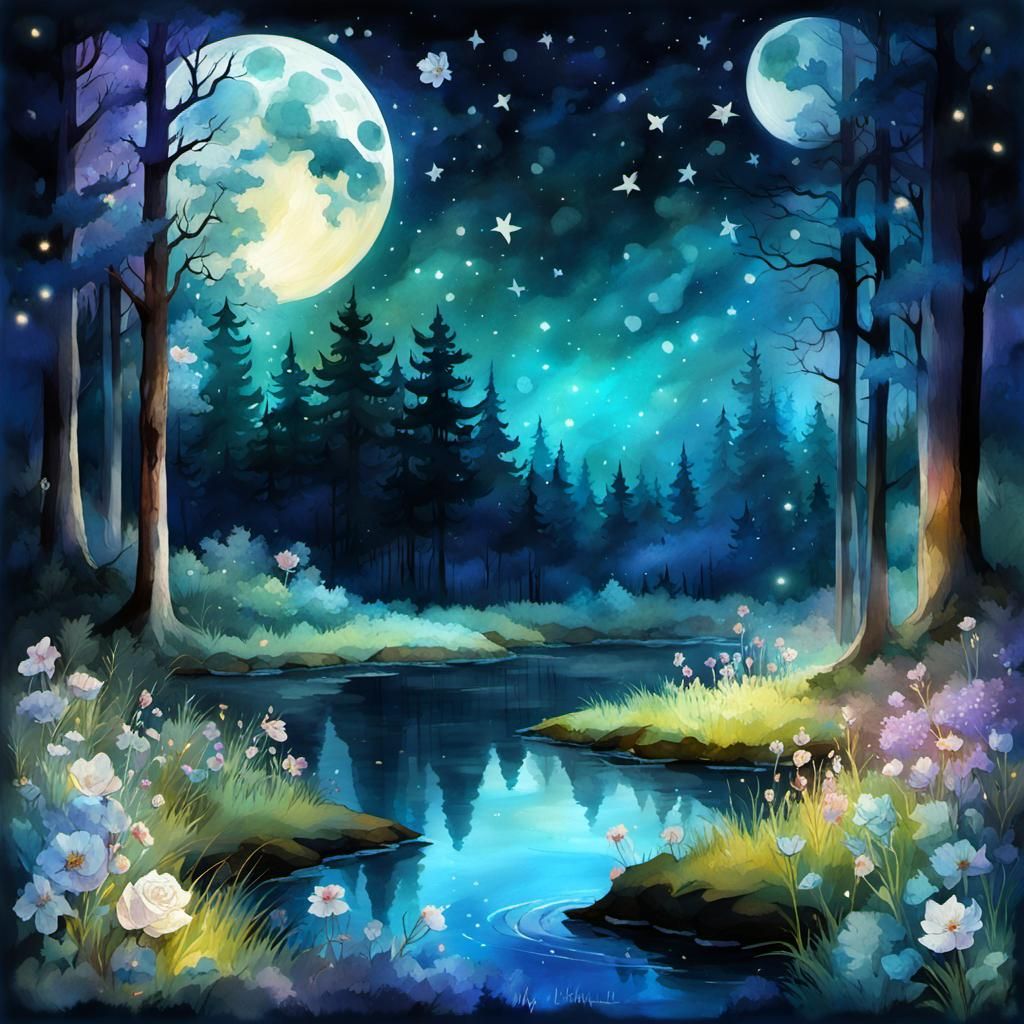 Moonlit Meadow: A Digital Watercolor Fantasy