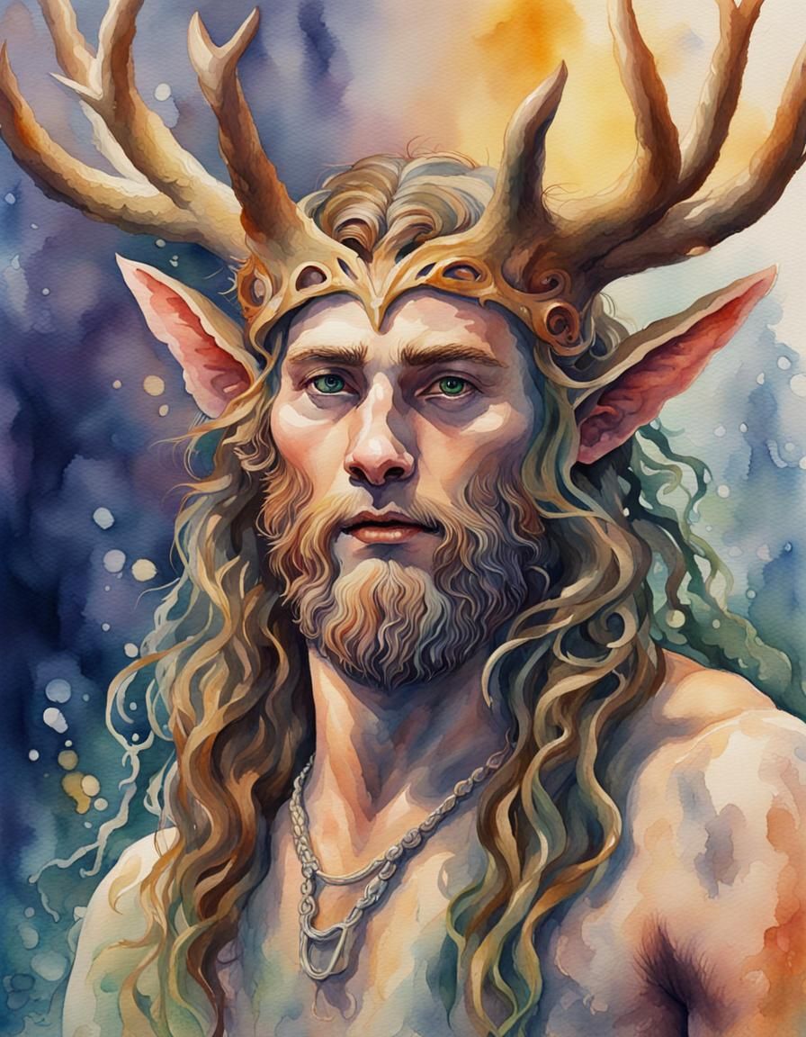 Cernunnos at Imbolc: Hyperrealistic Watercolor Painting