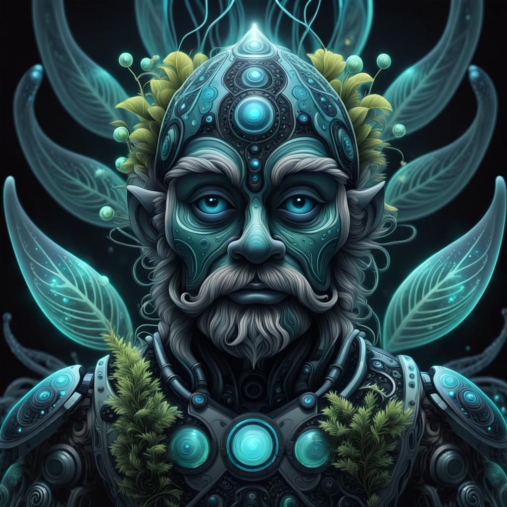 Bioluminescent Alien Dwarf Portrait with Robotic Flora