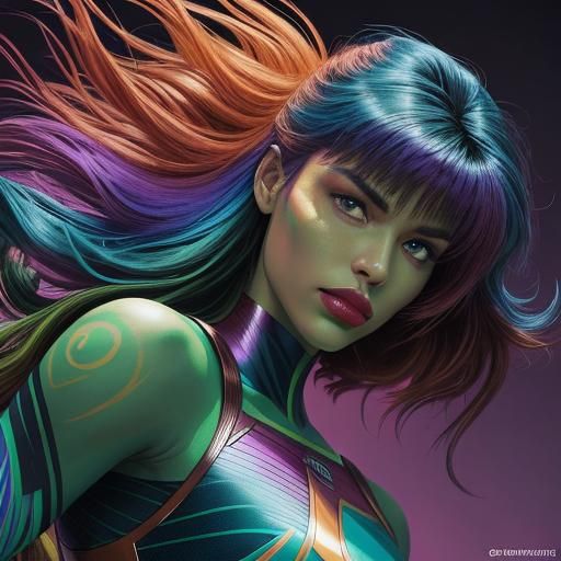 Peacock Haired Woman in Vibrant Comic Art Style