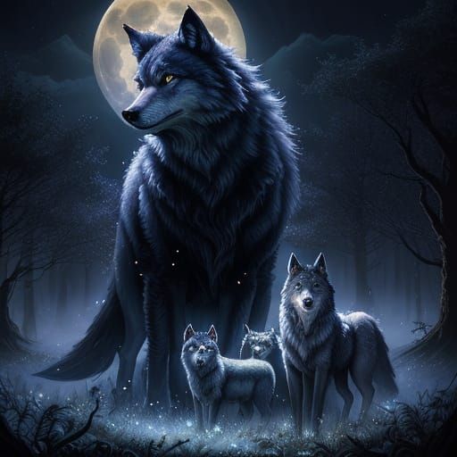 Wolf Family Under Full Moon in Art Nouveau Style