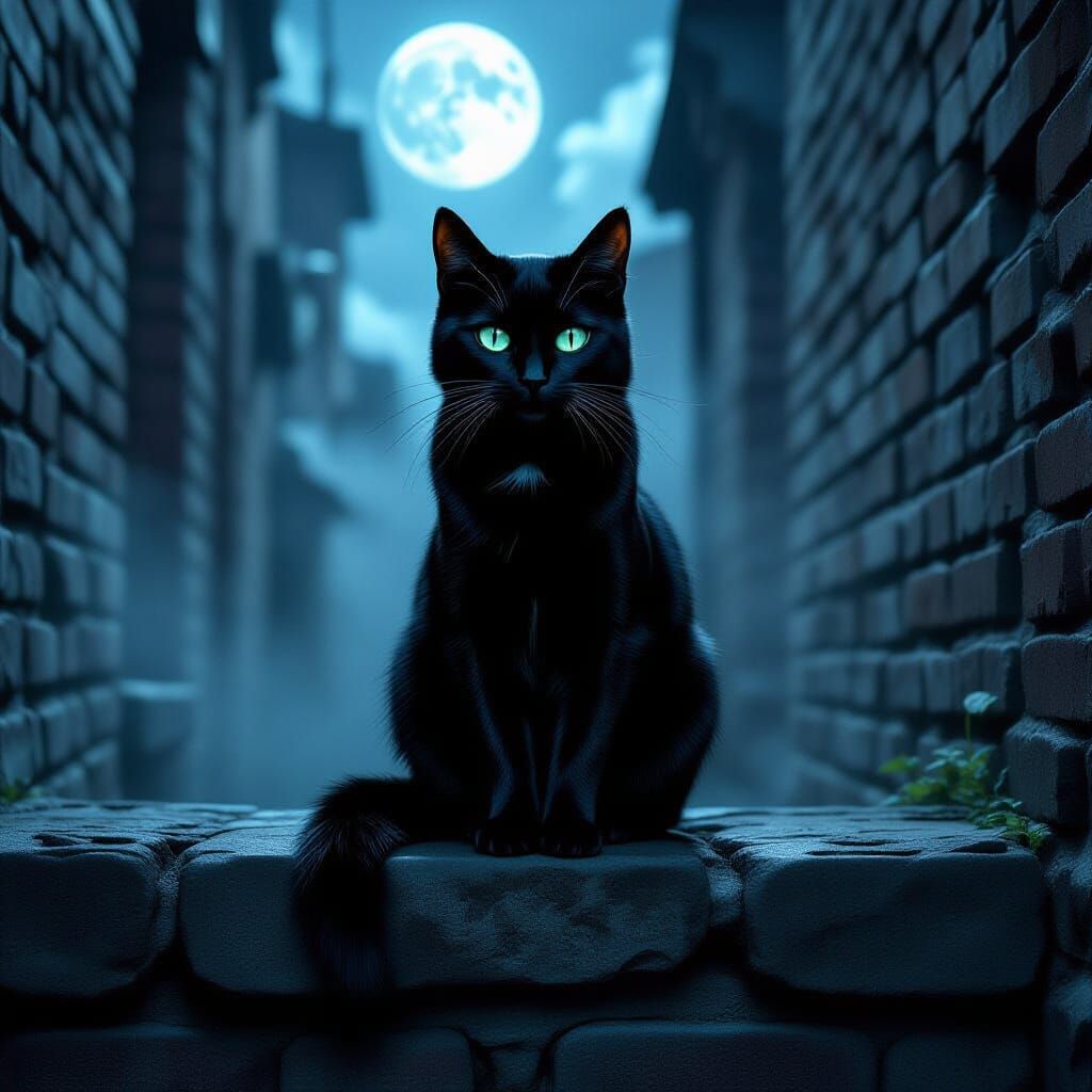 Emerald-Eyed Cat in Misty Alley, Dark Fantasy