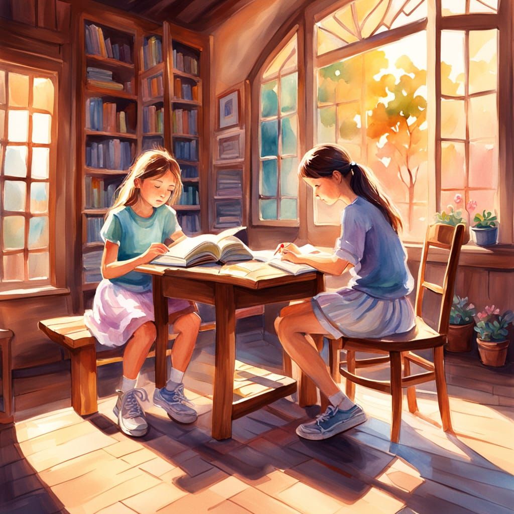 Whimsical Library Scene in Soft Pastel Watercolors