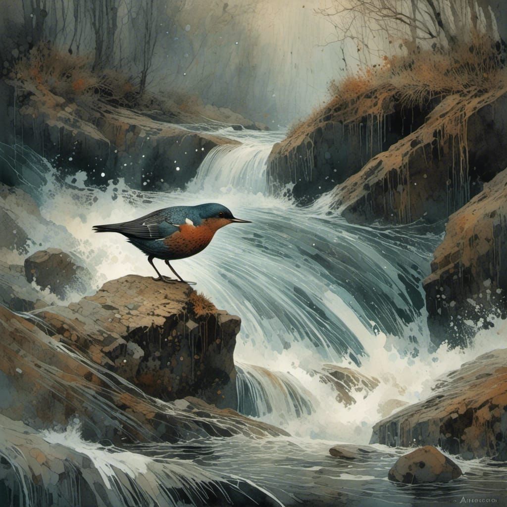 Dipper in Raging Torrent: Watercolor-Inspired Art