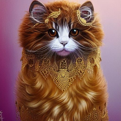 Fluffy Persian Cat with Gold Filigree