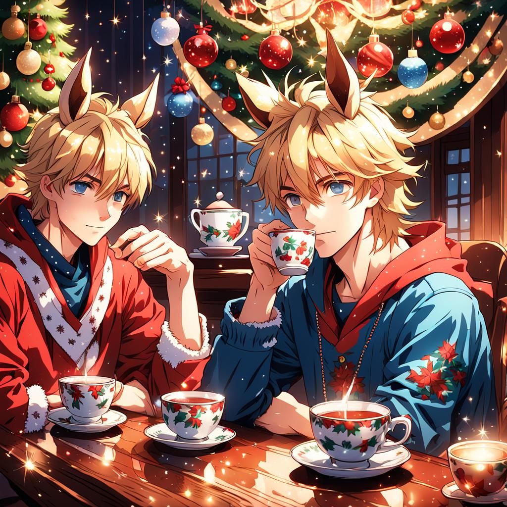 Adorable Anime Boys Sipping Tea by a Christmas Tree