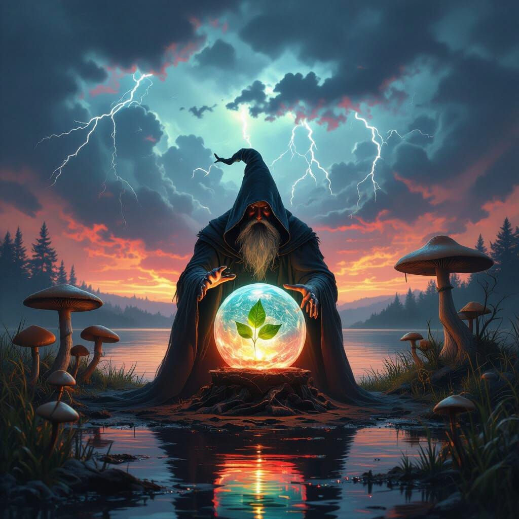 Dark Fantasy Wizard Conjures Leaf Orb Under Stormy Rainbow S...