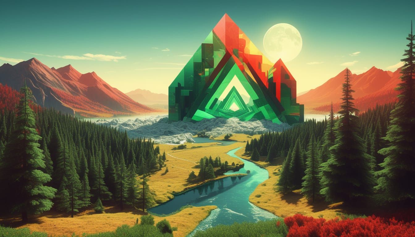 Solarized Planet Merged with Mountainscape in Green and Red