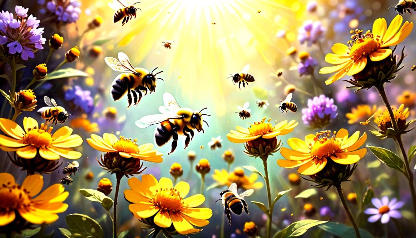 Bumble Bees Amidst Vibrant Blooms in a Sunny Garden Scene