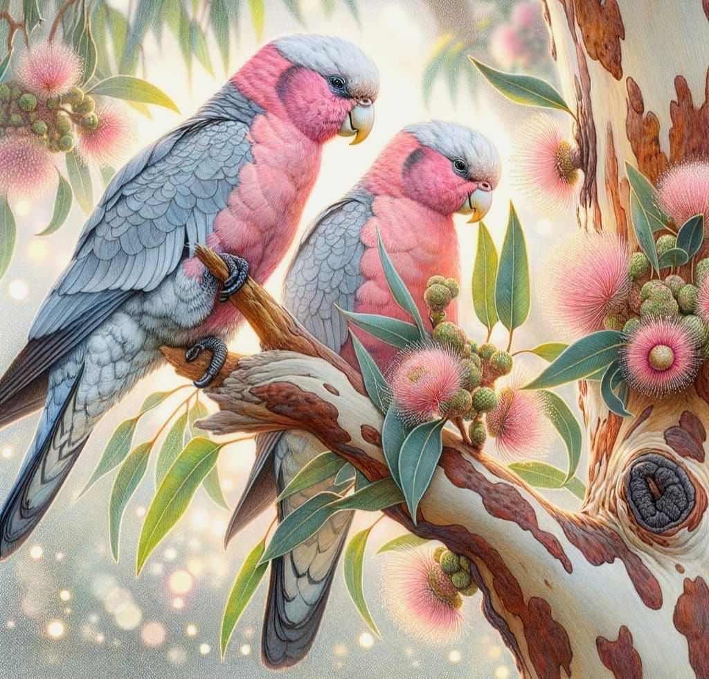 Galahs in Watercolor with Gum Blossoms