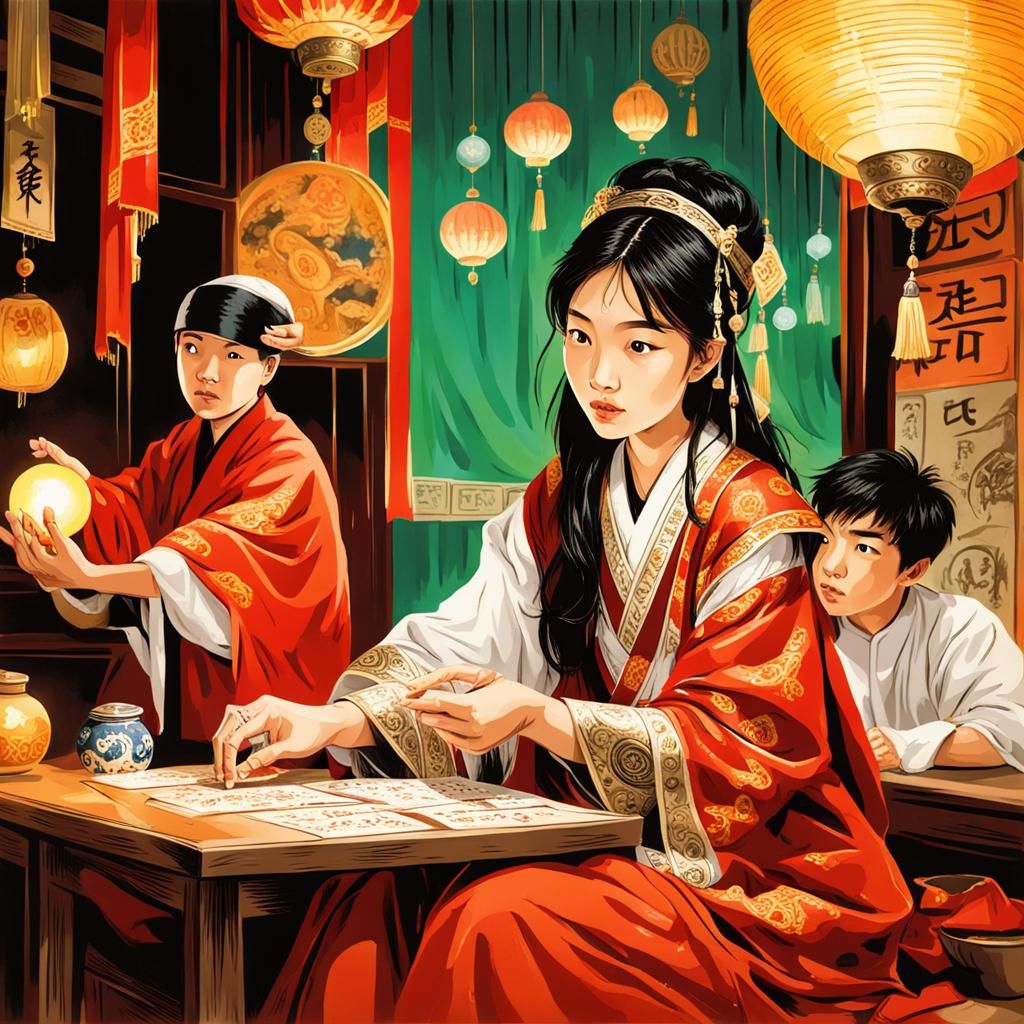 Asian Girl Fortune Telling to Boy