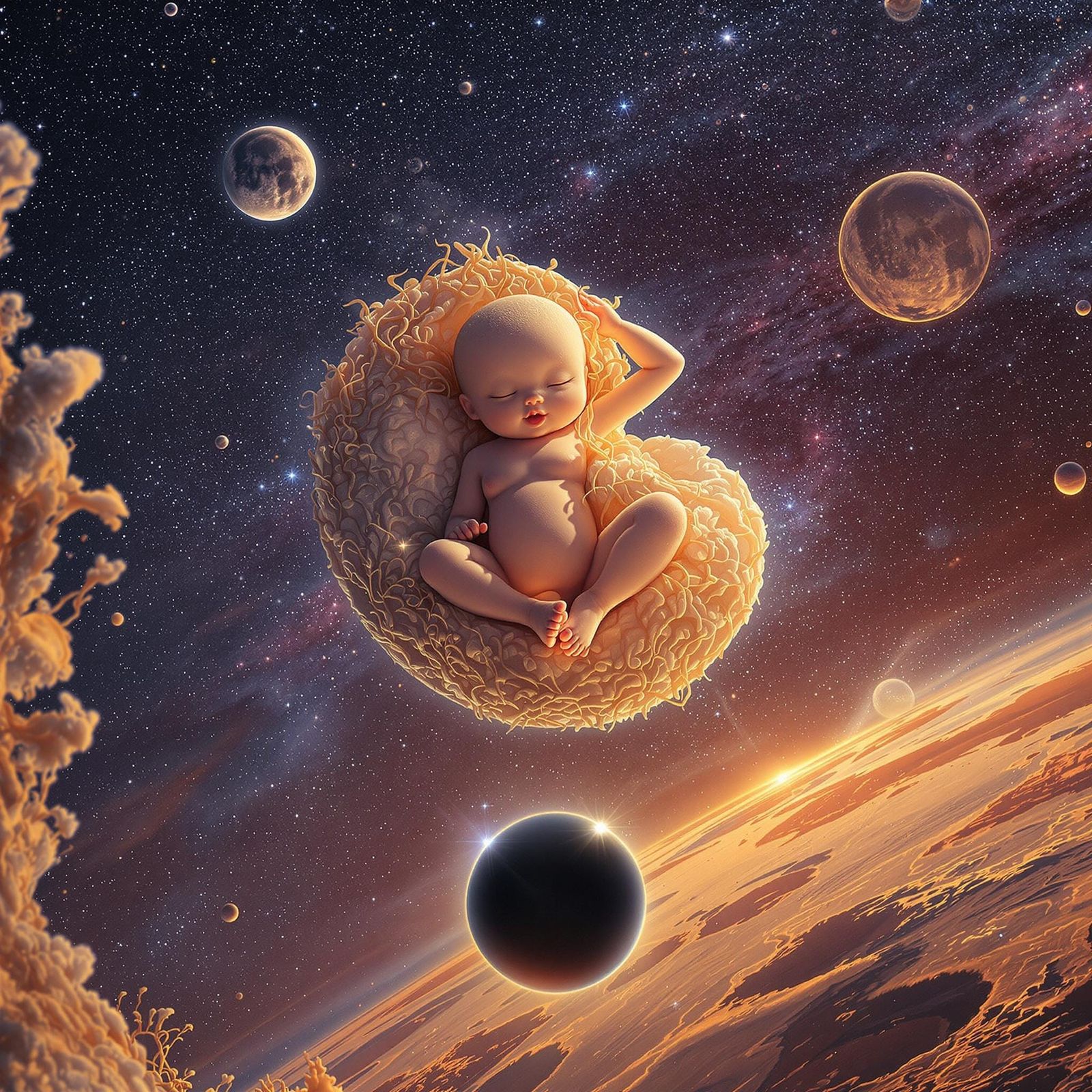 Ethereal Goddess Floating in Tiny Universe