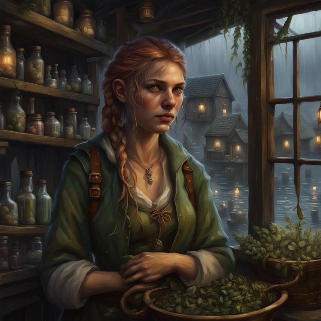 Wood-Elf Herb Shop in Rainy Village, Dark Fantasy Art
