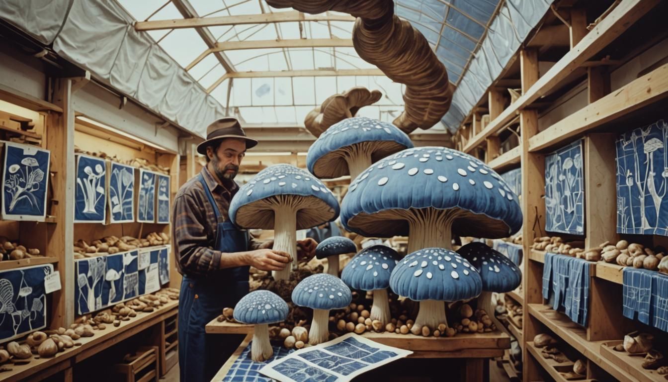 Italian Activists Tending Giant Mushrooms in Linocut Style