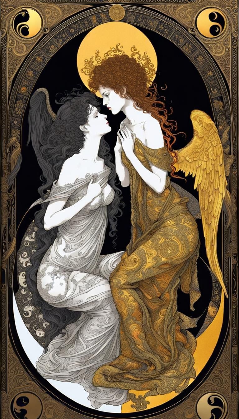 Yin Yang Tarot Card with Angel and Devil, Detailed Art