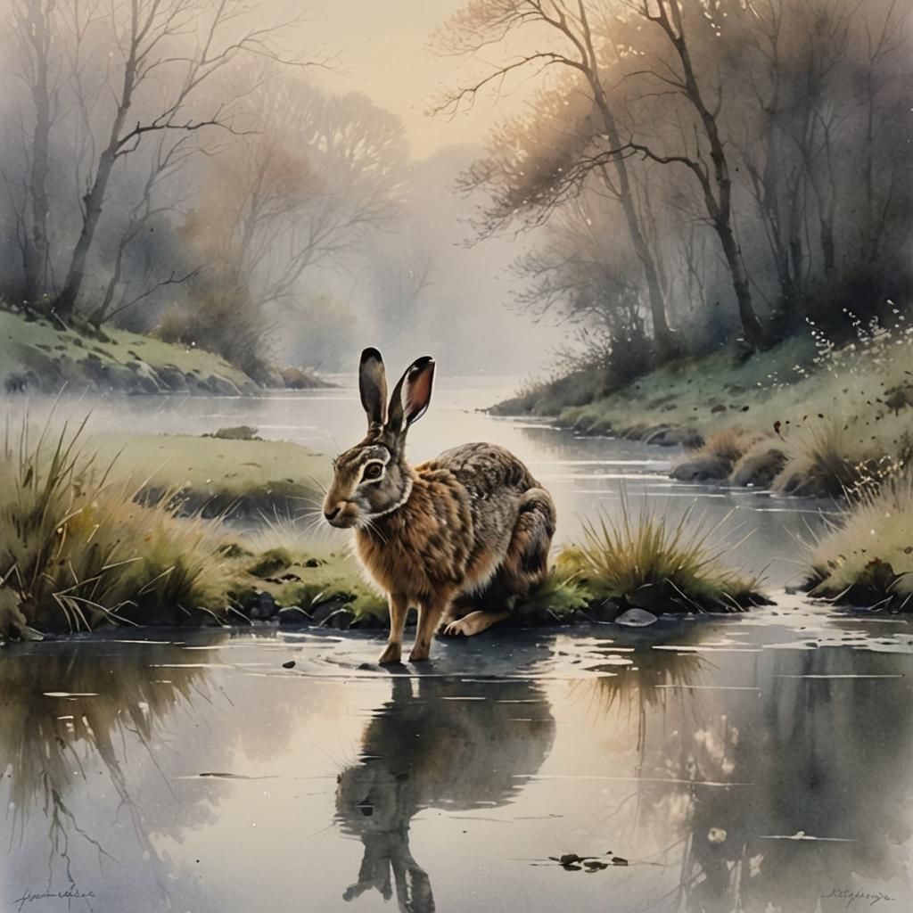 Hare in Misty Landscape Watercolor Painting