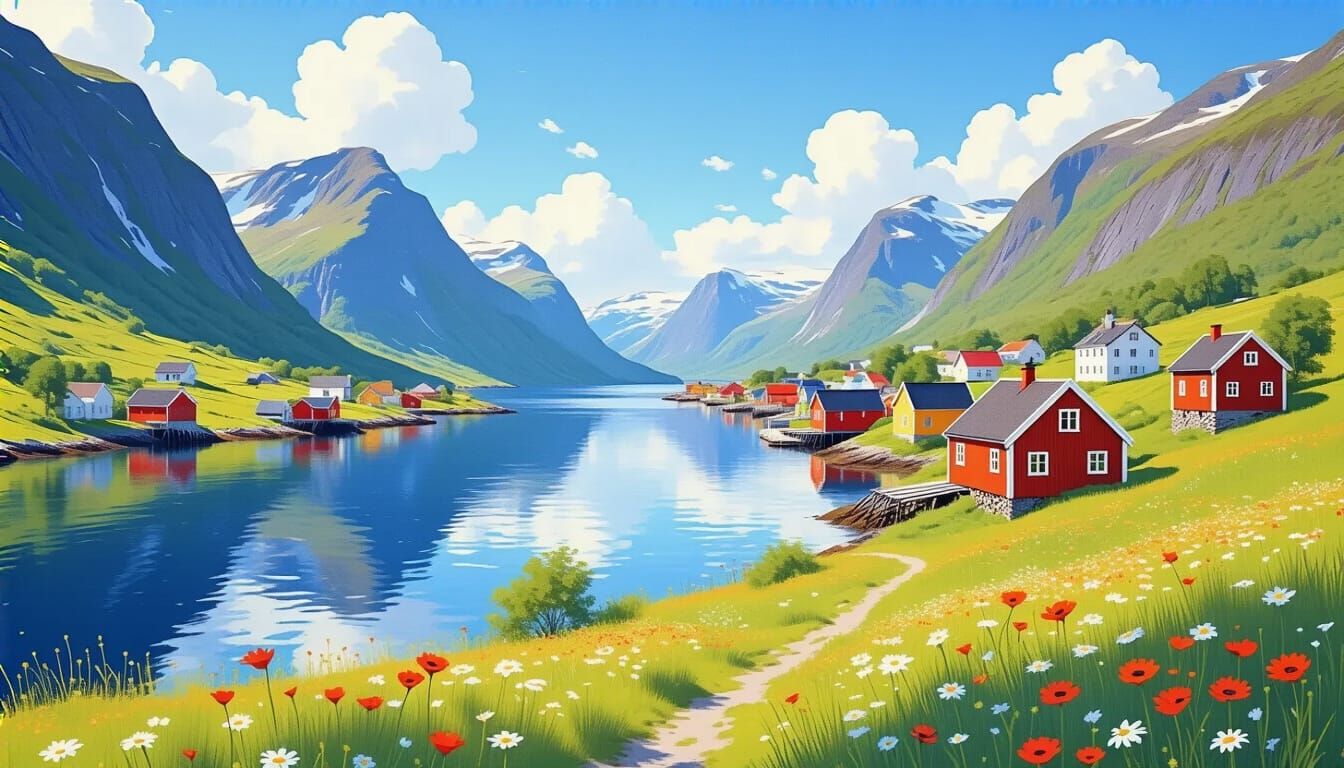 Sunlit Norwegian Village Beside Fjord as Travel Poster