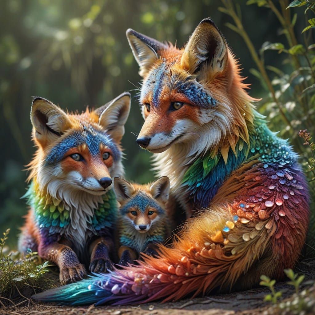 Vibrant Crystalline Fox Family Radiates Rainbow Colors