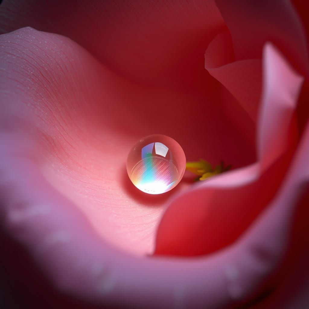 Magnified Rose Petal with Glistening Water Droplet in Vibran...