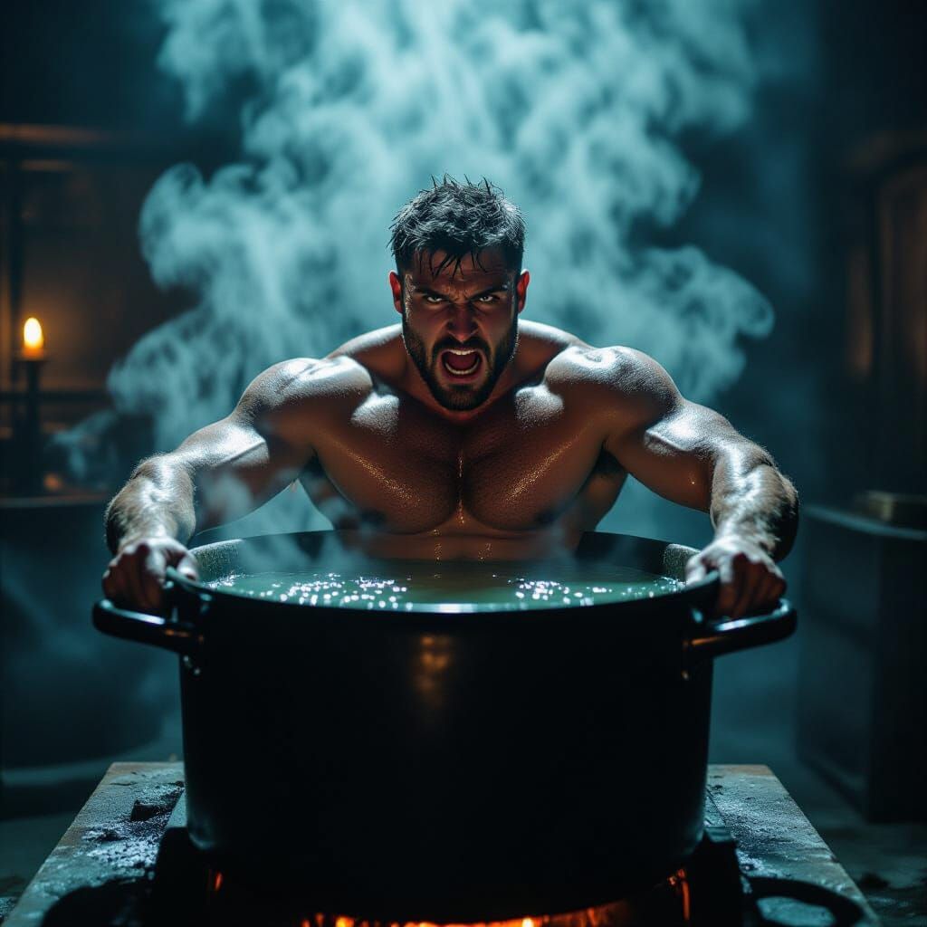 Terrified Officer Cooked by Witch in Cinematic Film Still