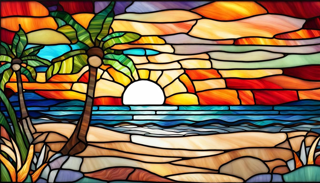 Colorful Stained Glass Beach Sunset Image