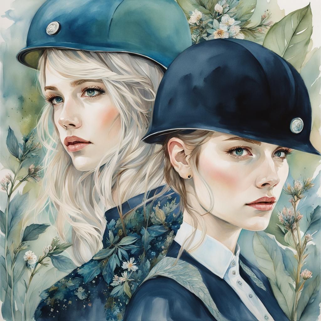 Couple with Bicycle Helmets in Watercolor Style