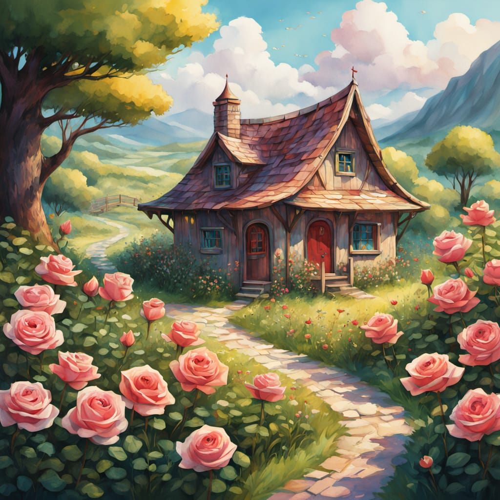 Miniature Rose Village in Sun-Dappled Meadow