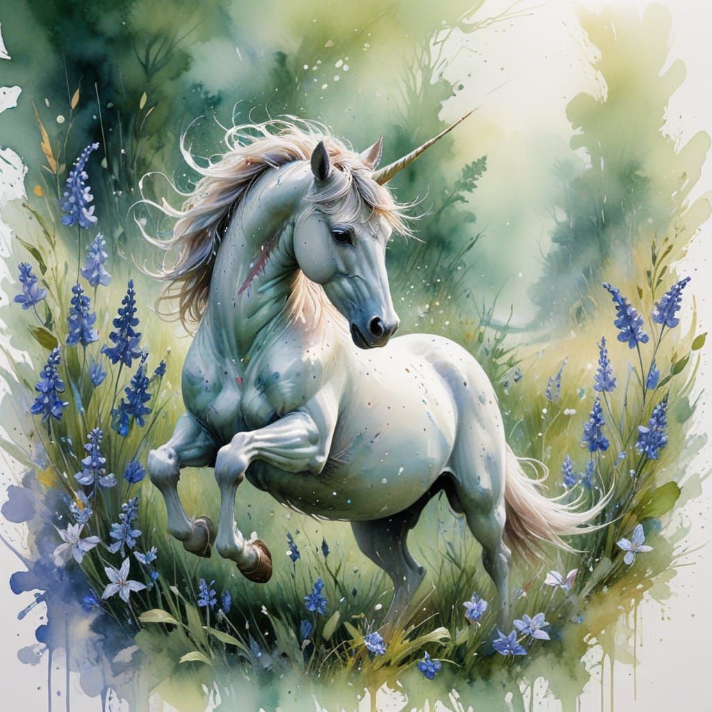 Unicorn Prancing in Dewy Fields, Watercolour Style