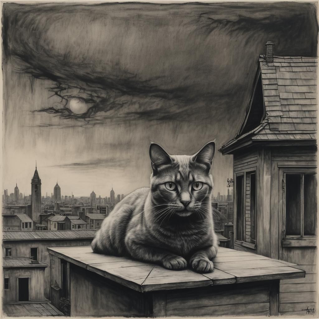 Charcoal Cat on Roof in Surreal Abstract Style