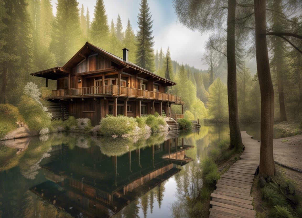 Rustic Wooden House on Lake Edge