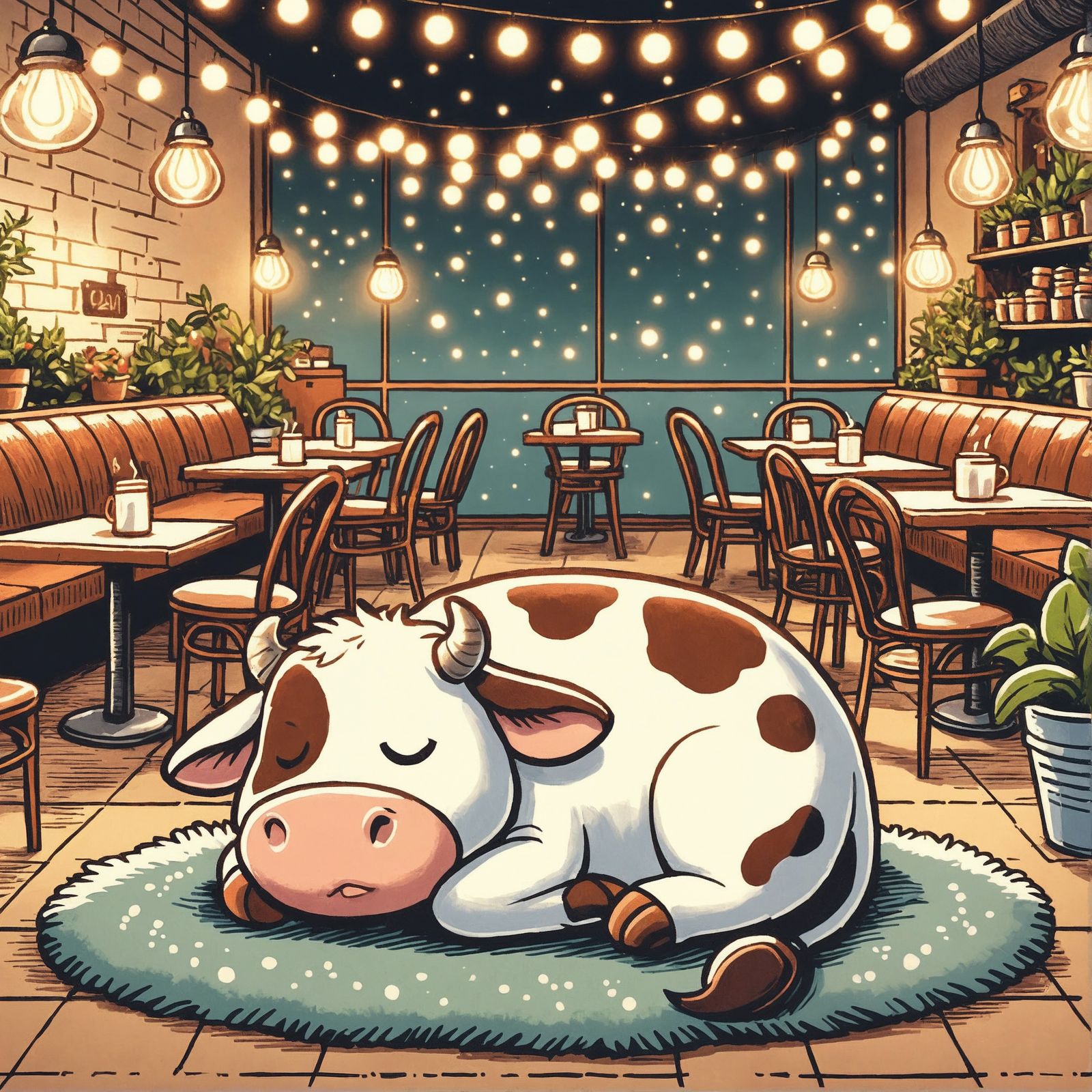 Cow Sleeping Peacefully in Cozy Night Cafe