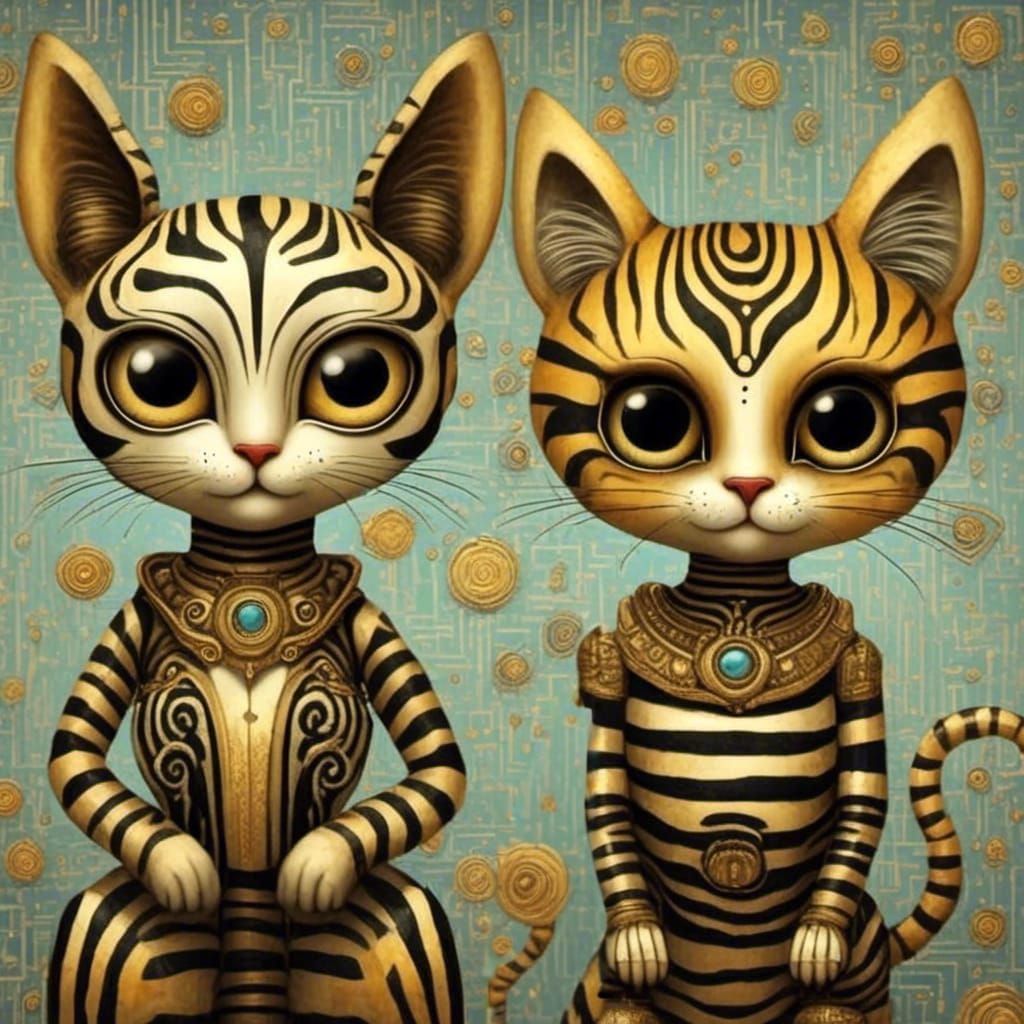 Robot Cats in Gustav Klimt Style