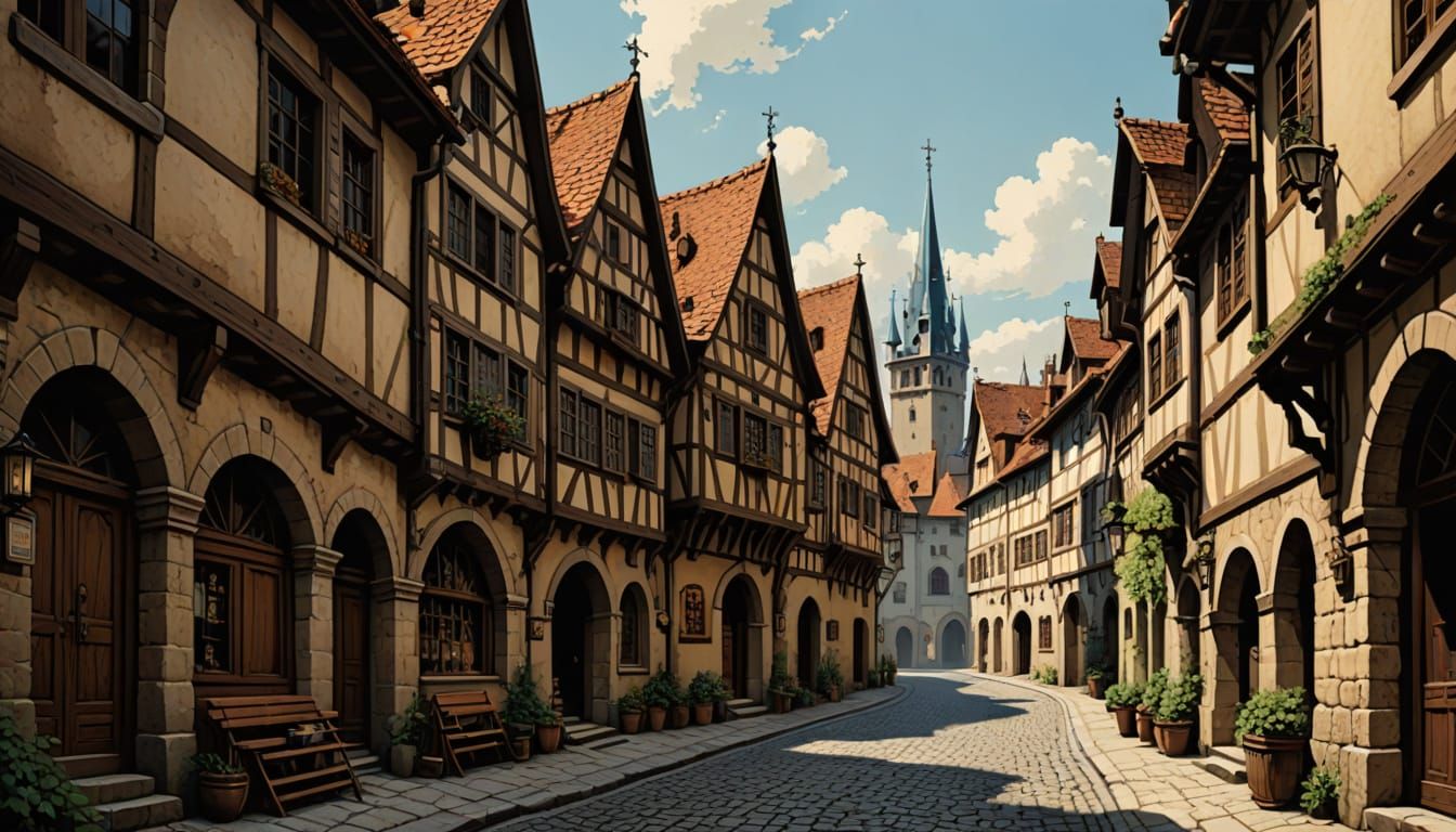 Vintage Serigraphy of a Medieval Street Scene