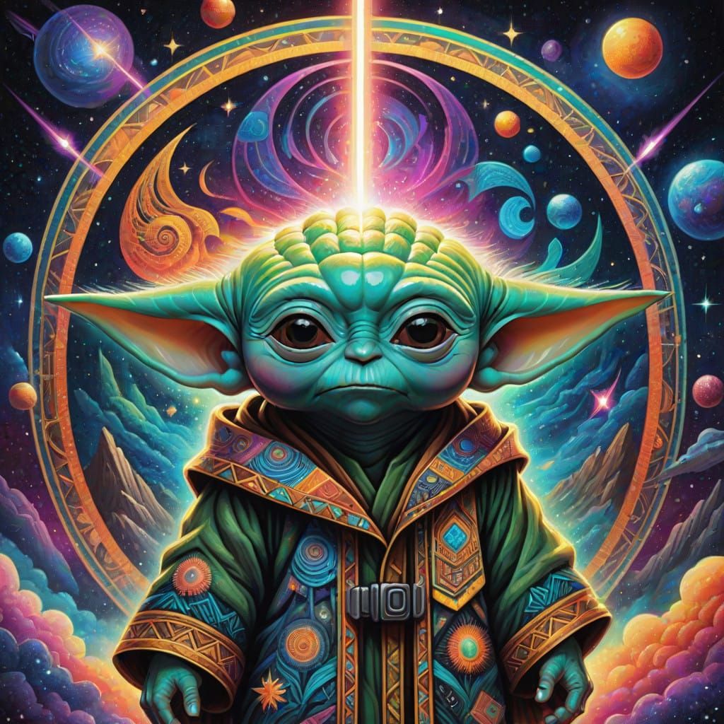 Cosmic Baby Yoda in Vibrant Galaxy Backdrop with Neon Lights...