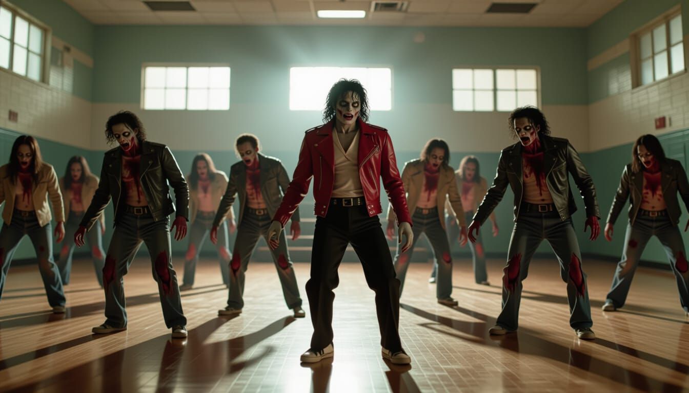 Zombies Dance Thriller Style in Dim Gymnasium