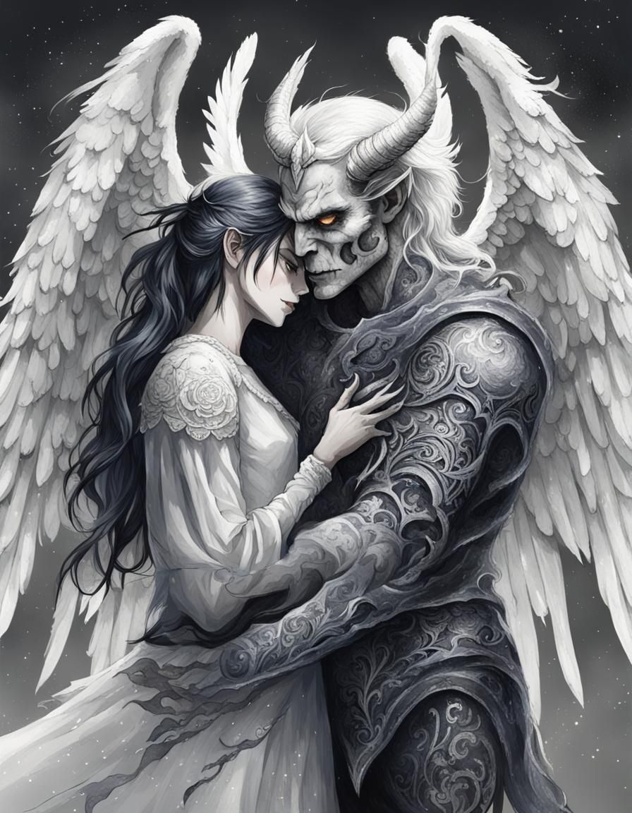 A demon and an angel hugging