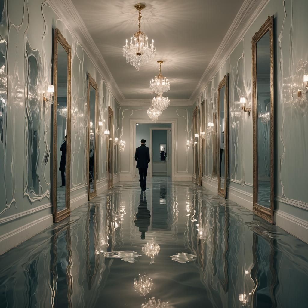 Surreal Hallway with Distorted Reflections as Oil Painting