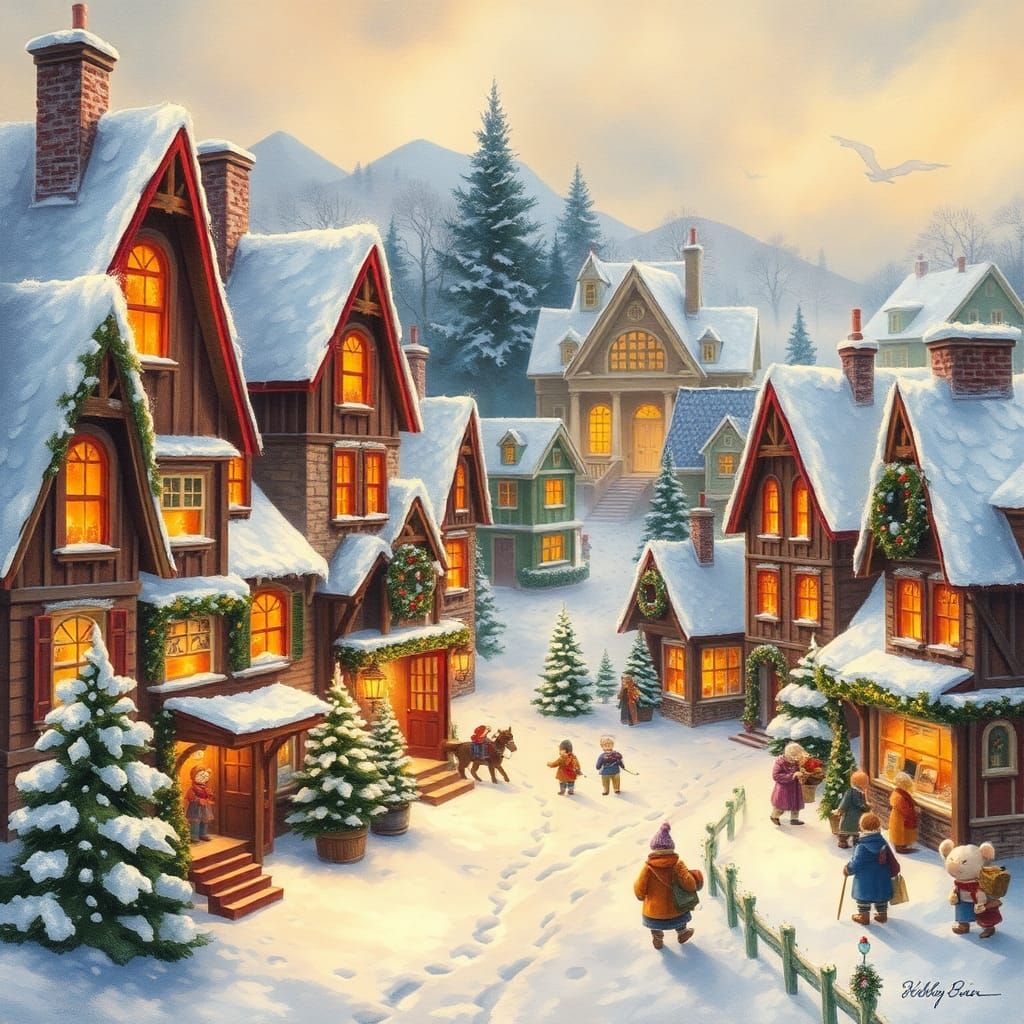 Festive Christmas Village Scene in Rockwell Style