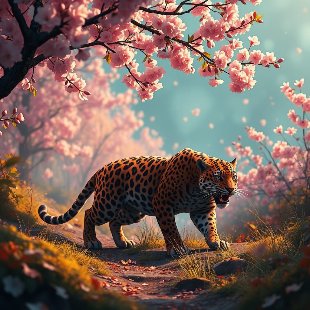 Jaguar Hunting on Autumn Pathway with Cherry Blossoms