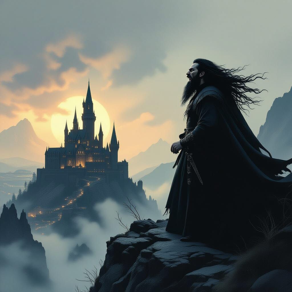 Dark Wizard Screams Atop Jagged Mountain in Vintage Style