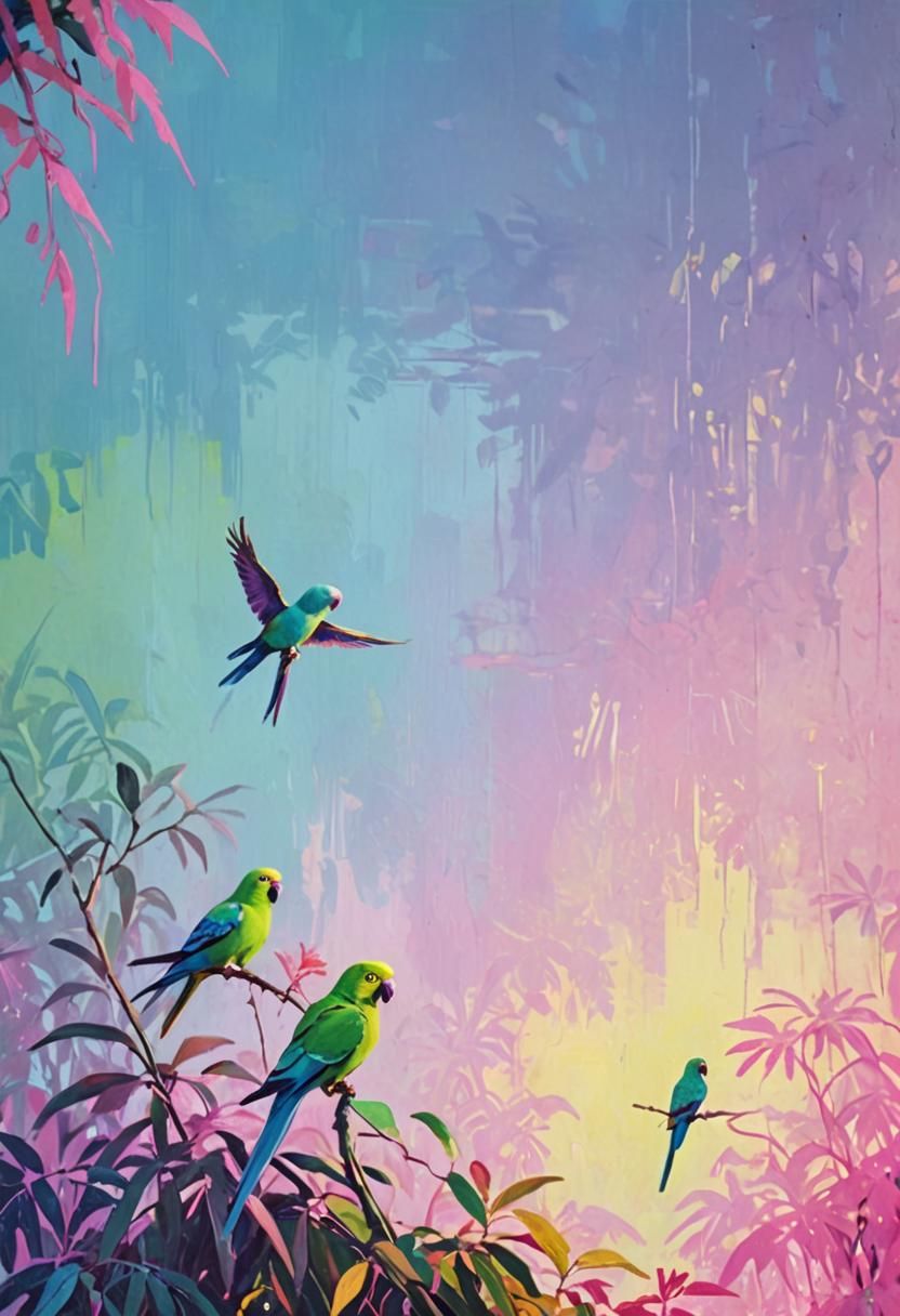 Jungle Scene with Parakeets: Impressionist Painting