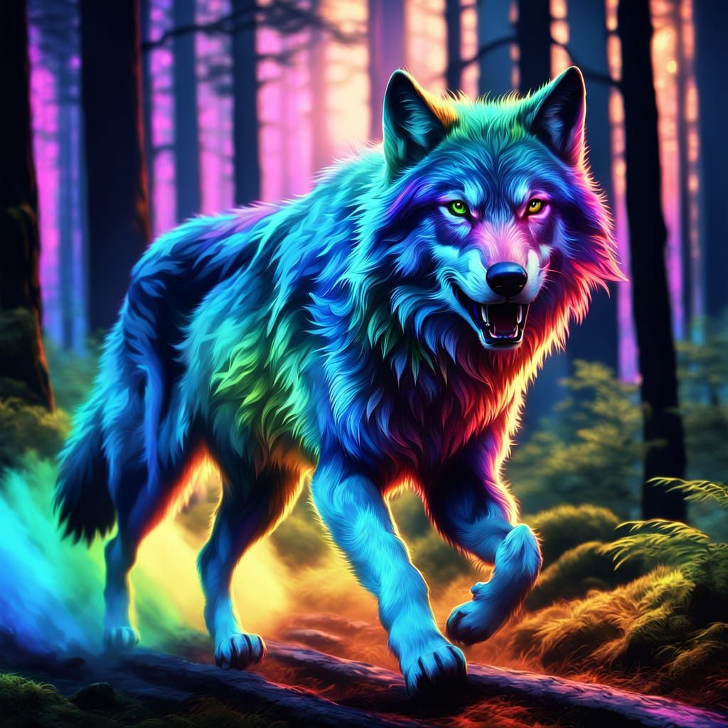 Rainbow Wolf Running in Neon Forest: Digital Art