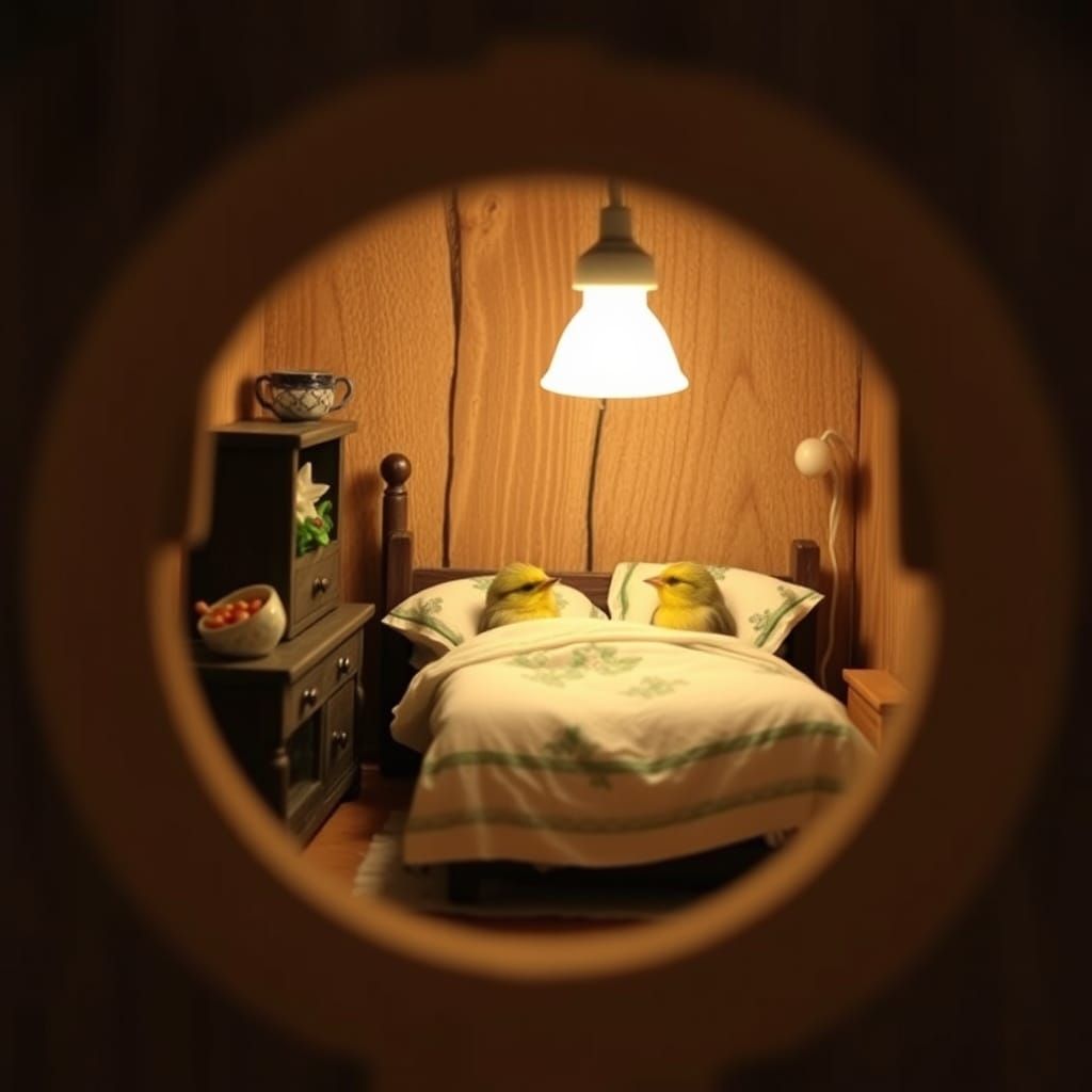 Birdhouse Diorama Interior with Sleeping Birds