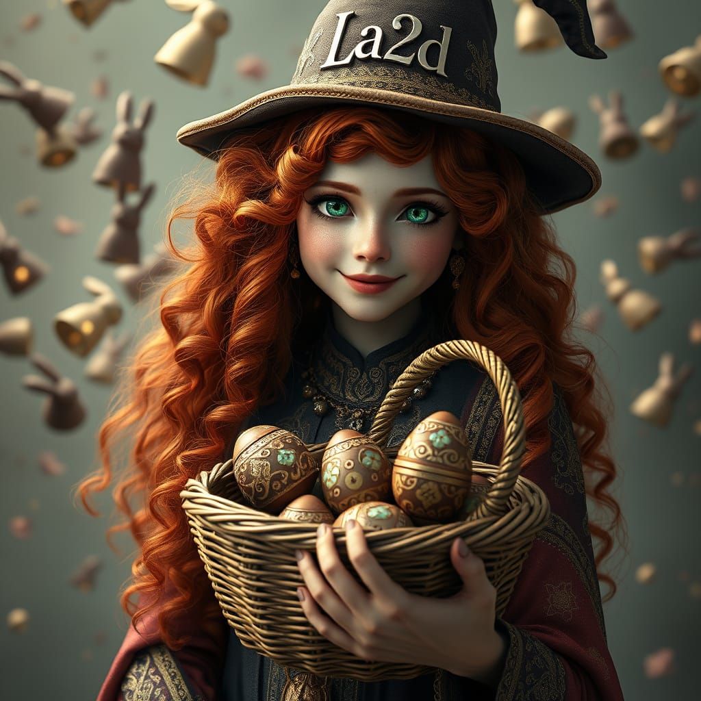 Mystical Redheaded Witch in Whimsical Easter Scene