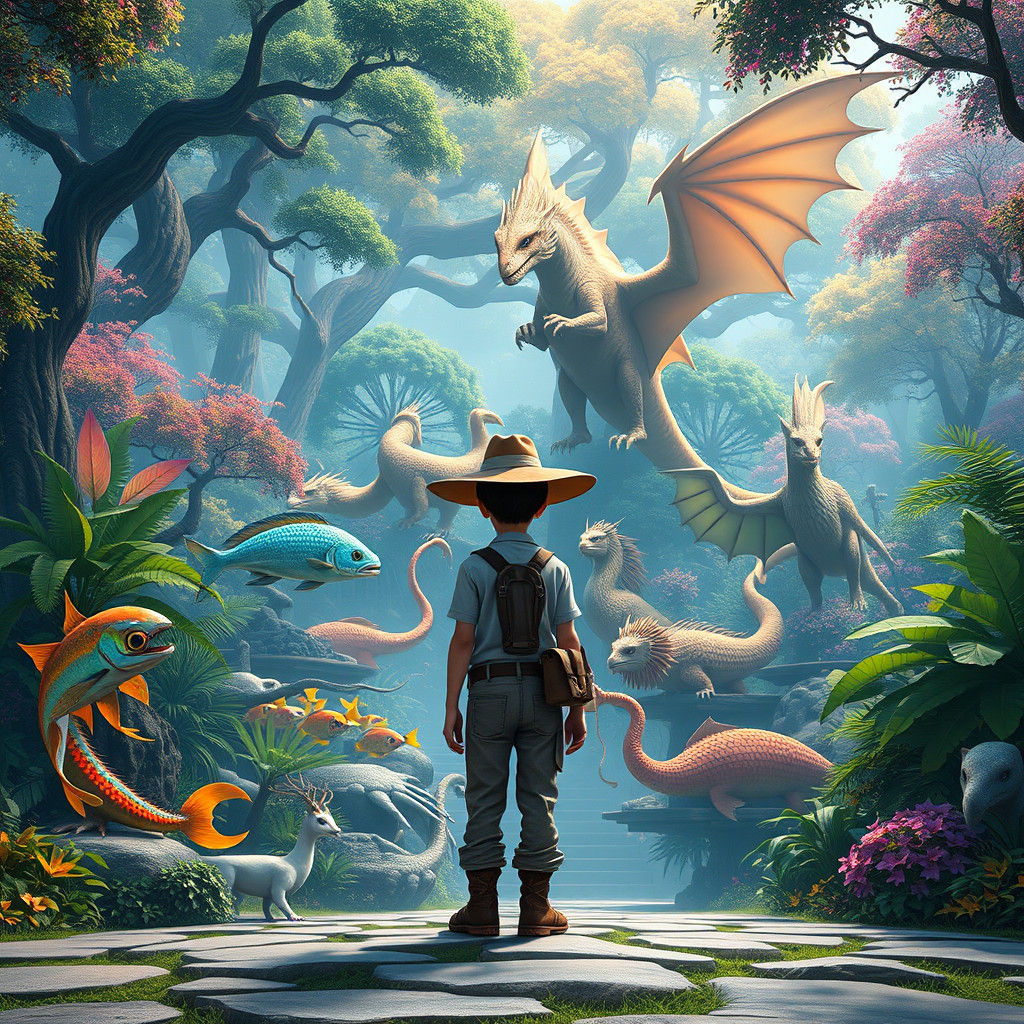Young Zookeeper Feeding Mythical Creatures, Fantasy Matte Pa...