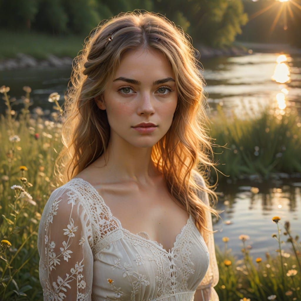 Woman in Meadow with Flowers: Romantic Realism